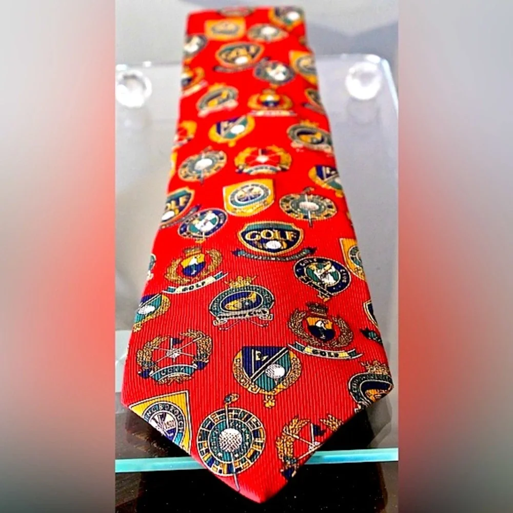 FACCONABLE MENS TIE RED 100% SILK MADE IN FRANCE GOLF GOLD GREEN VINTAGE